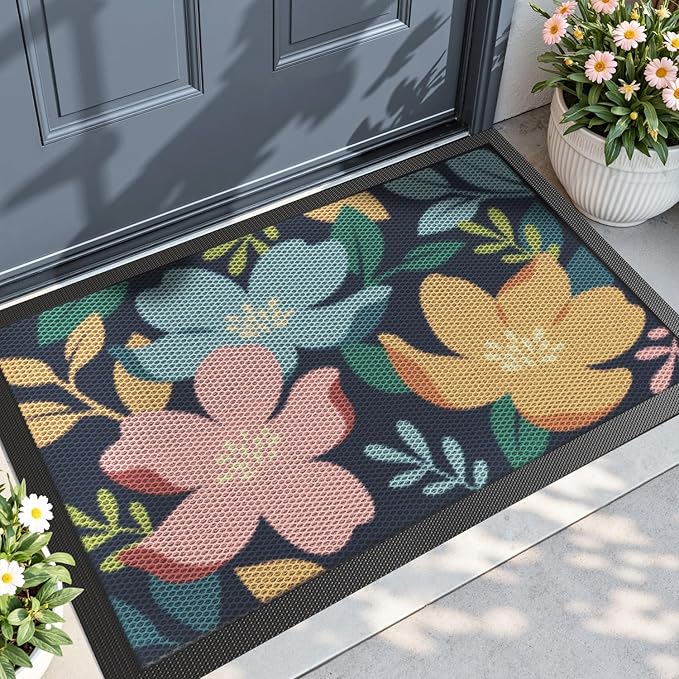 DEXI Front Door Mat Outside Entrance, Spring Entryway Doormat Dirt Trapper, Heavy Duty Non Slip Entry Mats for Patio Garage Porch Home Decorative, 24x36, Colorful Floral