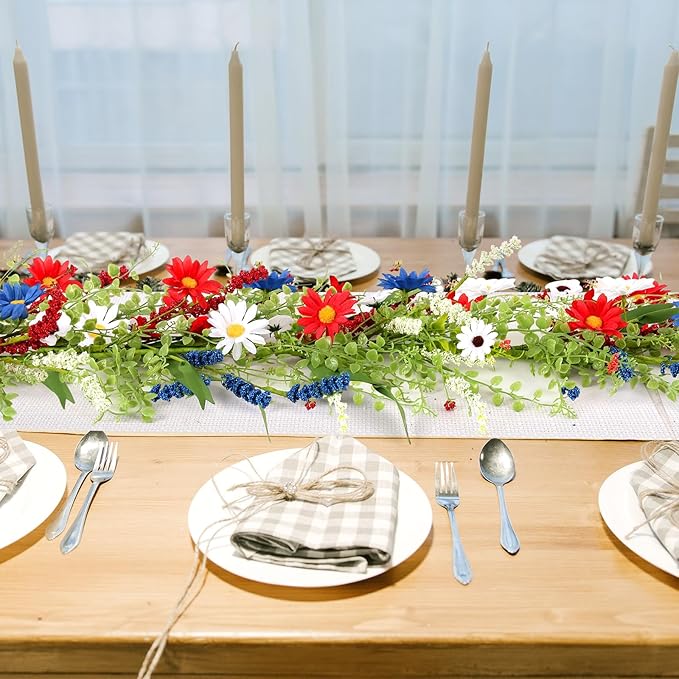 6.56 Ft 4th of July Flower Garland Wreath Patriotic Red Blue White Daisy Vine Garland Artificial Wild Floral Garland for Independence Day Arch Porch Stair Table Indoor Door Home All Year