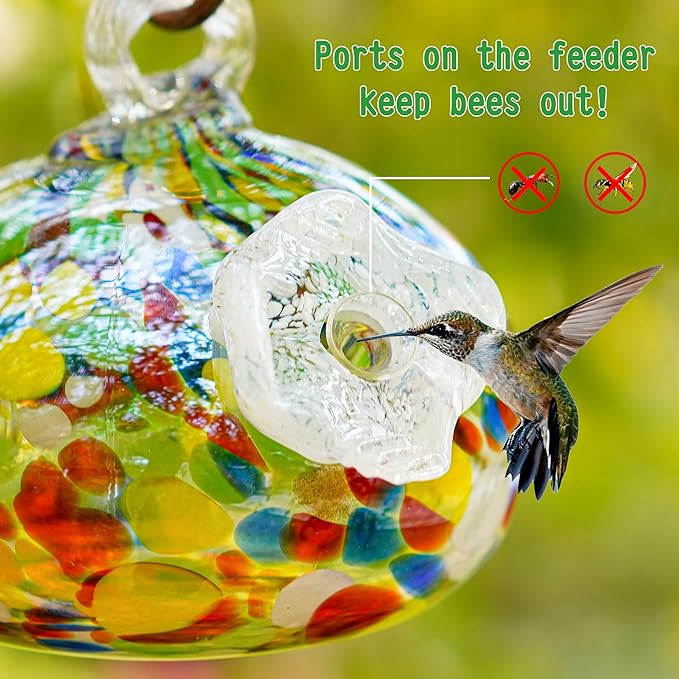Blown Glass Hummingbird Feeder for Outdoors Hanging Ornaments with Hook Unique Humming Bird Feeder for Home Window Garden Decoration