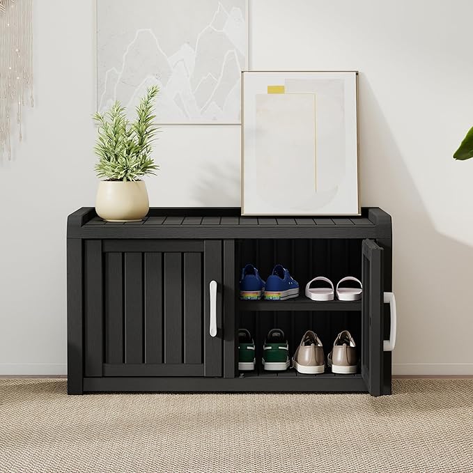 KAMABOKO Outdoor Shoe Storage Cabinet, Waterproof UV-Resistant Entryway Storage Bench Indoor Outdoor with 2 Barn Doors, Adjustable Shelves for Entryway, Bedroom, Hallway,Living Room(Black)
