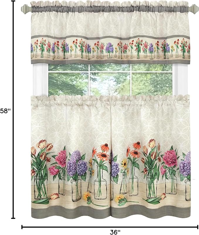 ACHIM Garden Blooms Printed Tier & Valance Set - 58x36 Inch Multi