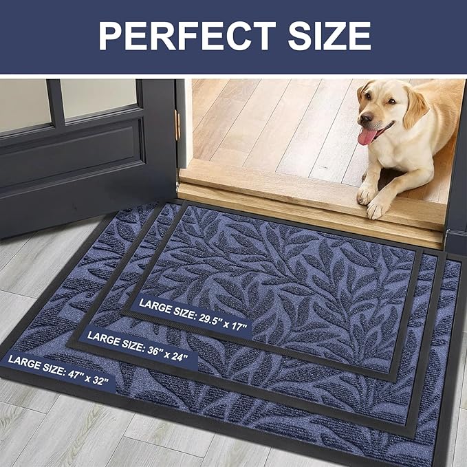 Smiry Front Door Mat Indoor Outdoor Entrance, Heavy Duty Natural Rubber, Trap Dirt and Moisture, Non-Slip Doormats, Low Profile, Easy Clean Patio Porch Entryway Mat, 47x17, Navy