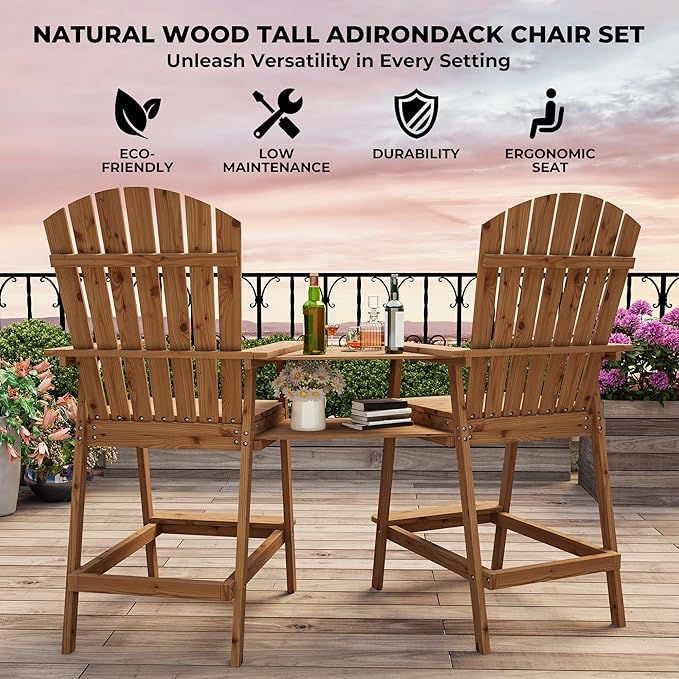 GarveeLife Outdoor Bar Height Adirondack Chairs with Connecting Tray, Balcony Chairs Adirondack for Deck, Backyard, Outdoor Tall Adirondack Chairs, Patio High Set of 4, Natural Wood