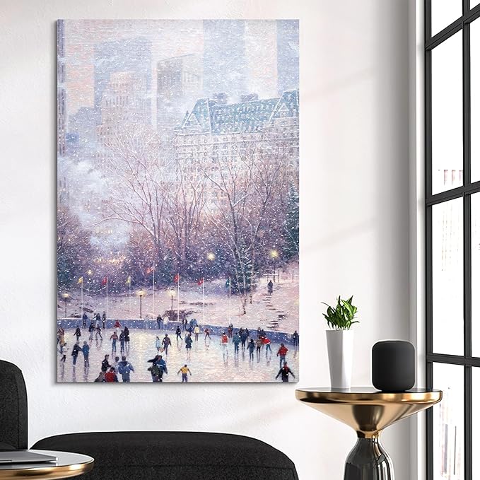 STUDIO HAVEN Thomas Kinkade Canvas Wall Art, Snow-Covered Urban Scene with Historic Buildings Oil Painting Poster Vintage Picture Cozy Seasonal Wall Decor, Framed Prints for Home Decor, 20x28Inch