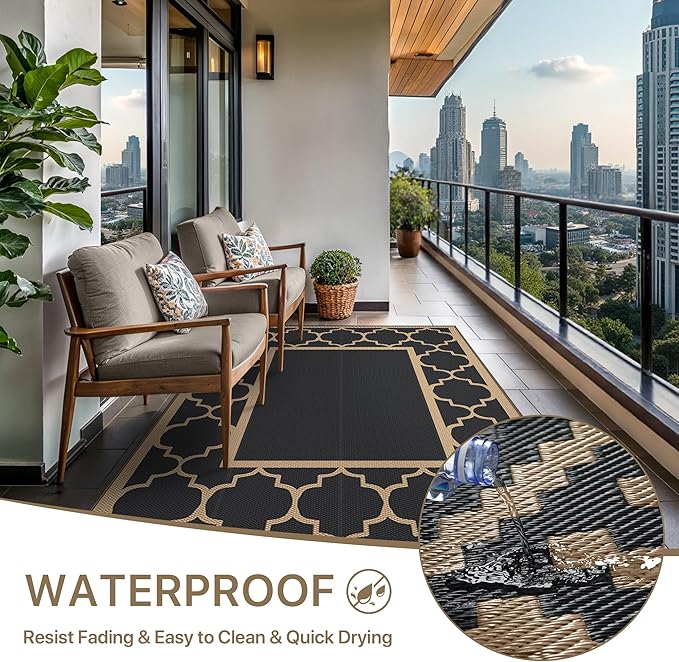 GENIMO Outdoor Rug 9' x 12' Patio Waterproof, Foldable Reversible Plastic Straw Area Rugs Mat for Camper Decor, Outside Carpet for Rv, Deck, Porch, Picnic, Beach, Balcony, Black & Brown