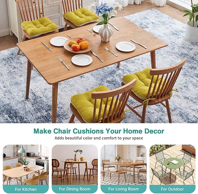 BETU Chair Cushions for Dining Chairs Set of 4,3.5" Thick Kitchen Table Chair Pads with Ties,Non Slip Backing and Covers, Seat Cushion for Dining Room,Bar,Patio Chairs,16"X16"X3.5",Gold