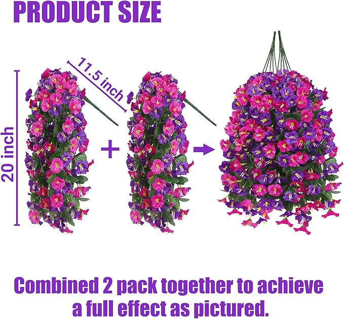 Artificial Fake Hanging Flowers Plants for Outdoor Outside Spring Summer Decoration 4PCS Faux Silk UV Resistant Realistic Morning Glory Trailing Vines for Home Porch Patio Balcony(Purple & Magenta)