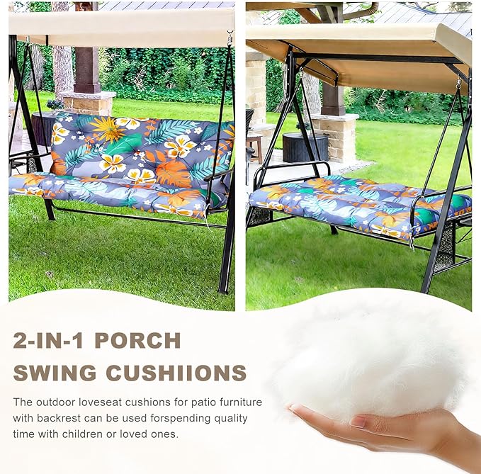 Porch Swing Cushion with Backrest,Waterproof Bench Cushion for Outdoor Furniture,2-3 Seater Replacement Thickened Swing Cushion with Ties,Patio,Outdoor,Backyard and Garden (Flower,60x40)