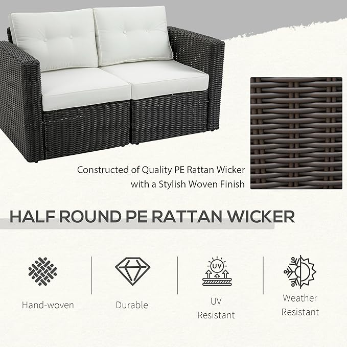 Outsunny 2 Piece Patio Wicker Corner Sofa Set, Outdoor PE Rattan Furniture, with Curved Armrests and Padded Cushions for Balcony, Garden, or Lawn, Beige