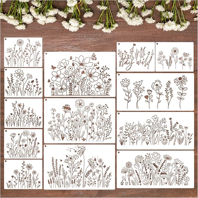 13 Pieces Wildflower Stencils Flower Stencils for Painting Wood, Reusable Spring Floral Field Plants Wild Flower Stencil for Crafts Wall Canvas Fabric Paper DIY Furniture Card