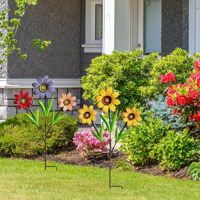 Metal Flowers for Outside,2 Pack Large Colorful Decorative Garden Stakes Yard Art,Spring Garden Decor for Lawn, Pathway & Garden(21.9 * 12IN)