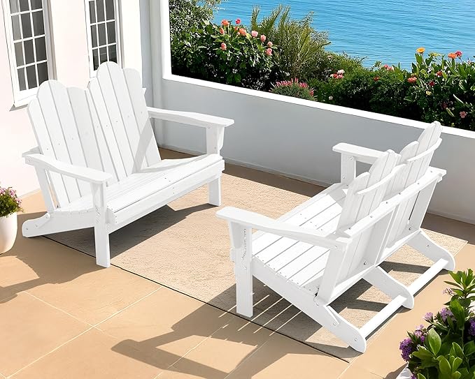 SERWALL Folding Adirondack Bench Set of 2, HDPE All-Weather 2-Person Adirondack Loveseat Bench, White