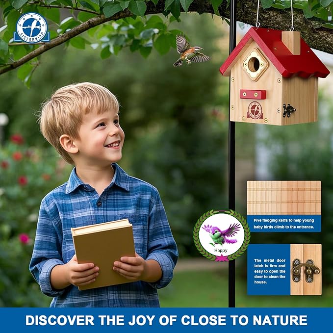 Wren Bird House, Premium Wooden Bird Houses for Outside, Classic Cabin Design Birdhouses for Outdoors, Hanging Bird House, Red-Breasted Nuthatch Wren Chickadee