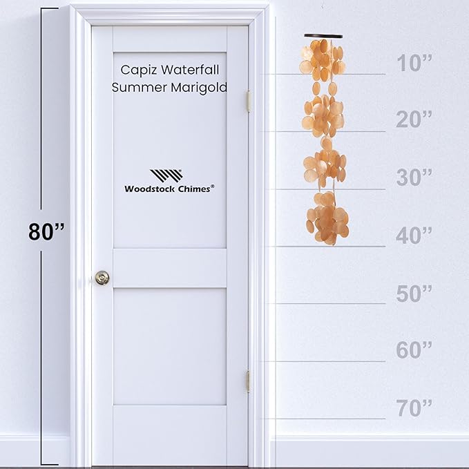 Woodstock Wind Chimes for Outside, Outdoor Decor, Garden and Patio Decor, Capiz Waterfall Wind Chime, 40'' Summer Marigold Wind Chimes (CWSM)