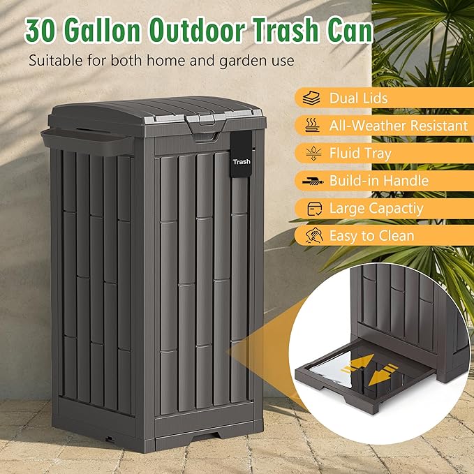 Outdoor Trash Can, 30 Gallon Garbage Can with Tiered Lid and Drip Tray, Waterproof Resin Waste Bin for Patio, Garden, Backyard, Deck, Brown
