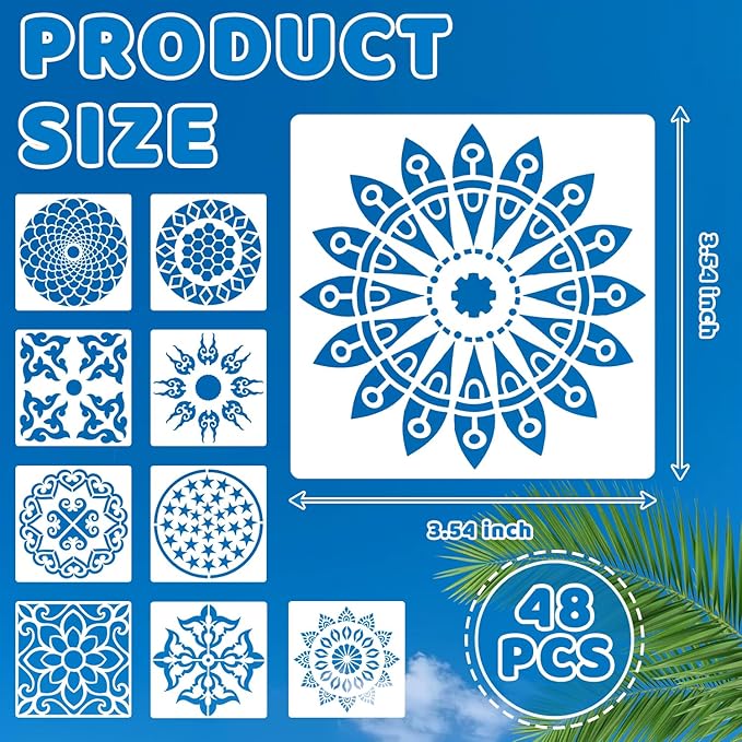 48 PCS Mandala Stencils Reusable Mandala Cookie Template Stencils for Painting for Coffee Cake Decorations Painting Rocks Wood Canvas Fabric Glass Pottery DIY Art Projects, 3.54 x 3.54 Inch