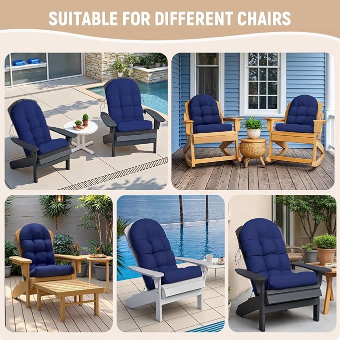 Adirondack Chair Cushion Set of 2, Rocking Chair Cushions, High Back Patio Cushions, Thickened Weather Resistant Patio Cushion with 6 Ties, Non Slip Fade & Waterproof