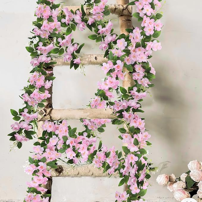 CISDUEO Artificial Cherry Blossom Flower Vine Hanging Pink Cherry Blossom Flower Silk Garland Hanging Vines Faux Flowers for Outdoors Spring Wedding Party Home Table Centerpiece Arrangement Decor