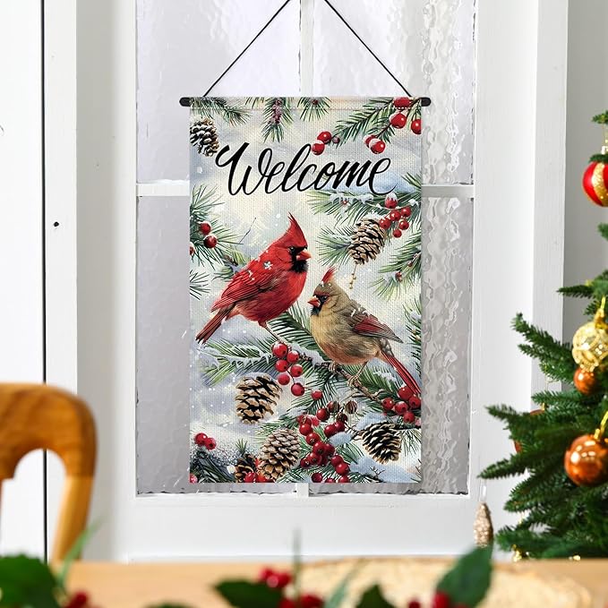 Tegeme 3 Pcs Winter Hanging Banner Cardinal Flag Decoration 12 x 20 Inch Winter Welcome Door Hanger Decoration Pine Tree Garden Flag Holiday Ornaments