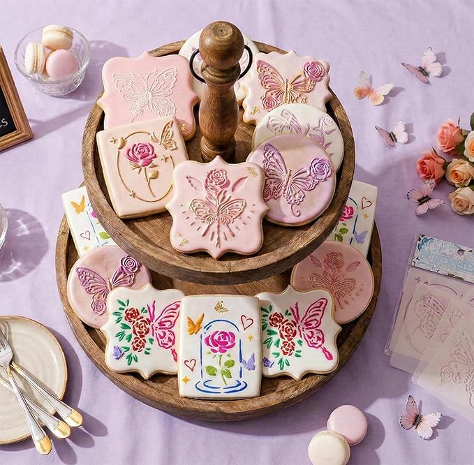 Garden Butterfly Theme Pattern Stencils Templates, Garden Butterfly Flower 24Pcs Designs Stencils for DIY Baking Cookies, Crafts, Wall, Canvas, Paper, Fabric, Manuscript, Cards Decorating Tools