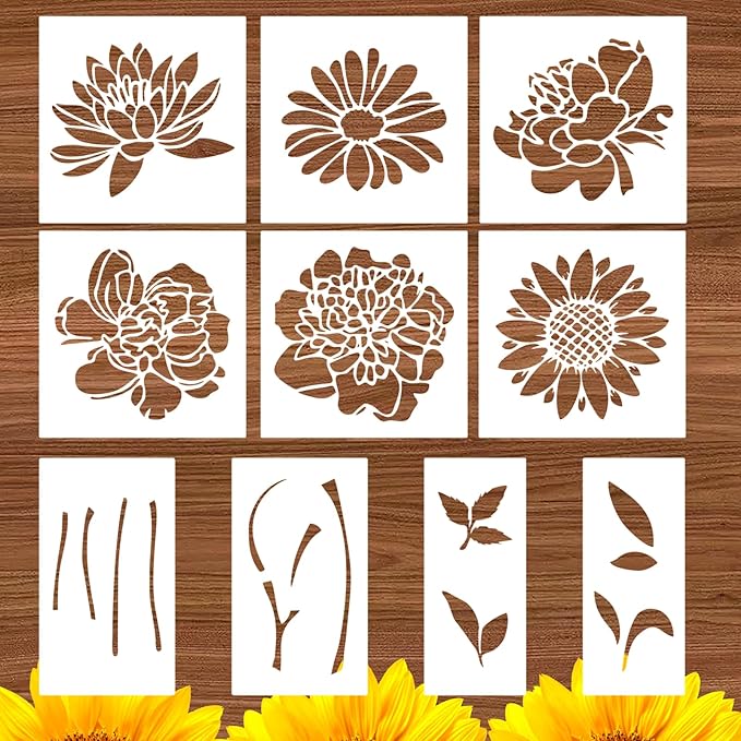 10Pcs Large Flower Stencils for Painting, 14 inch Floral Templates Drawing Patterns for Walls Fabric Wood Furniture Garden Fence Sunflower DIY Decor