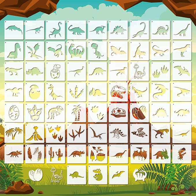 Marspark 66 Pcs Spring Easter Small Stencils for Crafts Reusable 3 Inch Stencils for Painting on Wood DIY Craft Paint Template for Wall Home Decor Card Rock Canvas Drawing Holiday (Dinosaur)