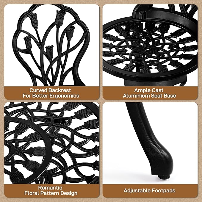 VINGLI 3 PCS Outdoor Bistro Set, Outdoor Patio Set, All-Weather Cast Aluminum Bistro Table Set, Bistro Table and Chairs Set of 2 for Backyard, Garden, Balcony (Black, Tulip)
