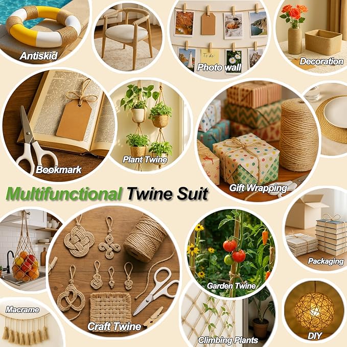 5 Pack Natural Twine String Suit: Jute Twine for Crafts Gardening Gift Wrapping Home Decor Knitting - 2mm 1200 Feet Jute Rope Twisted from 3 Ply - Suitable for Handicraft and Gardening Enthusiasts