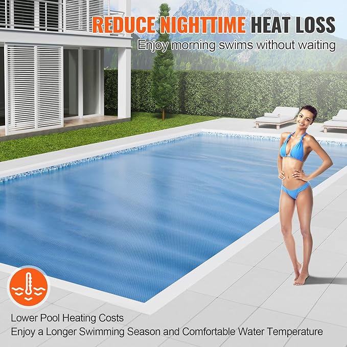 VEVOR Solar Pool Cover, 24 x 12 ft Rectangle Solar Cover 12 mil for Pools, Inground Above Ground Swimming Pool Solar Blanket with Bubble, Heat Retaining Solar Covers Blue