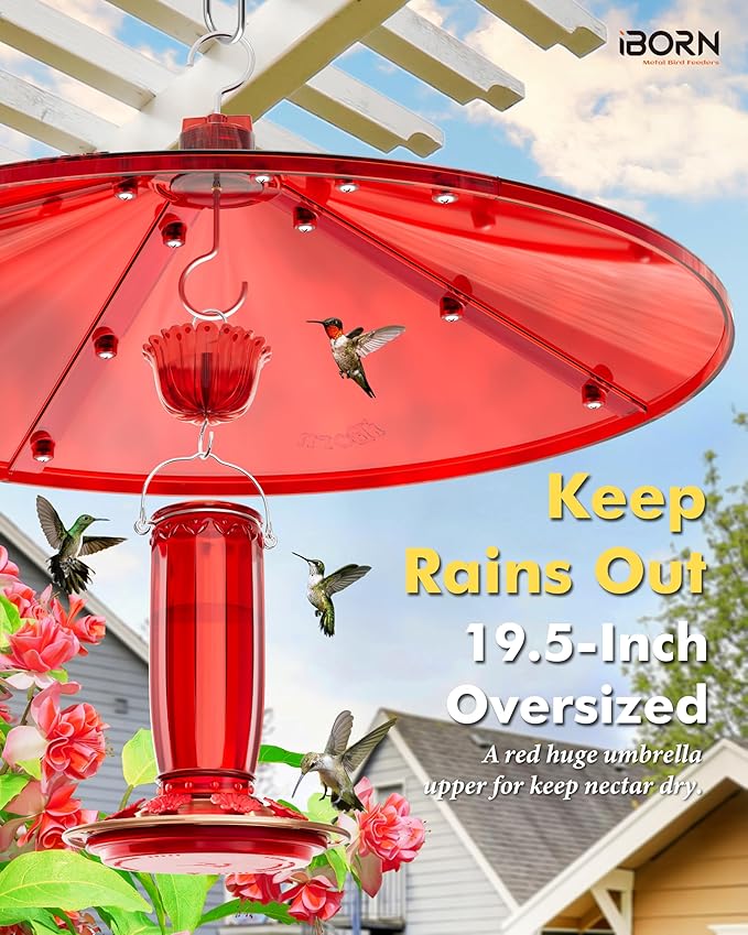 iBorn 19.5-inch Hummingbird Feeders Baffle, Weather Guard, Hanging Bird Feeders Protect, Red, Pack of 1