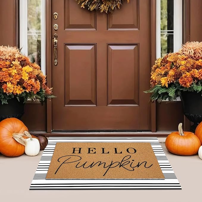 Tinideya 2 Pcs Fall Door Mat Hello Pumpkin Welcome Non Slip Coir Mats Thanksgiving Black White Stripe Harvest Floor Layering Doormats Seasonal for Front Porch Entryway Decor(Hello Pumpkin)