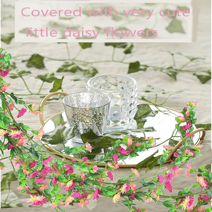 CISDUEO Artificial Daisy Flowers Vine Silk Flower Garland Spring Fake Flower Vine Hanging Ivy with Pink Daisy Flowers Green Leaves for Wall Party Wedding Arch Floral Decor Home Indoor Outdoor Ceremony