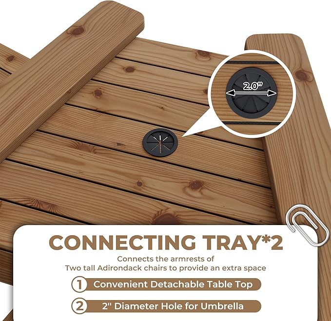 GarveeLife Outdoor Bar Height Adirondack Chairs with Connecting Tray, Balcony Chairs Adirondack for Deck, Backyard, Outdoor Tall Adirondack Chairs, Patio High Set of 2, Natural Wood