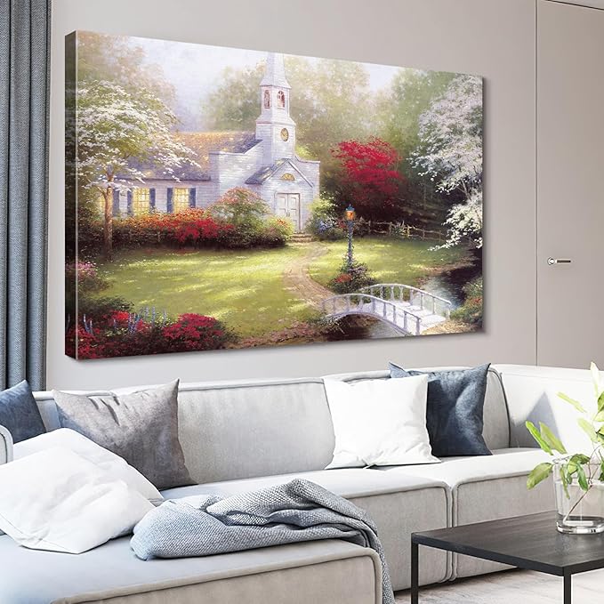 STUDIO HAVEN Thomas Kinkade Canvas Wall Art, White Church Flower-Lined Path Stone Bridge Stream Serene Morning Oil Painting Poster Landscape Wall Decor, Framed Prints for Home Decor, 28x20Inch