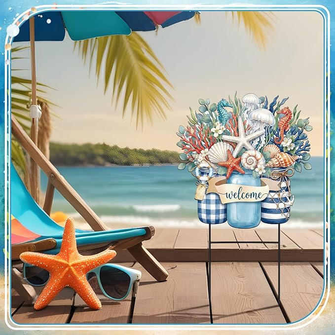 Amyhill Summer Outdoor Decor Coastal Garden Stake 25 Inch Metal Ocean Welcome Yard Sign with Seashell Starfish, Outdoor Nautical Decor for Patio Lawn Walkway Beach Themed Decorations
