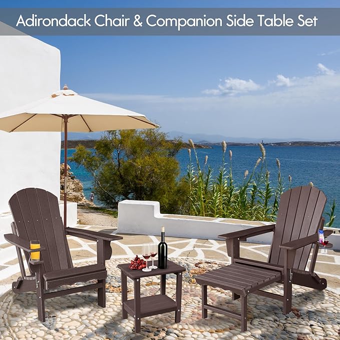 Folding Adirondack Chairs, HDPE Plastic Adirondack Chair with Side Table, Weather Resistant, Unfading, for Patio, Fire Pit, Balcony, Front Porch, Deck-Brown