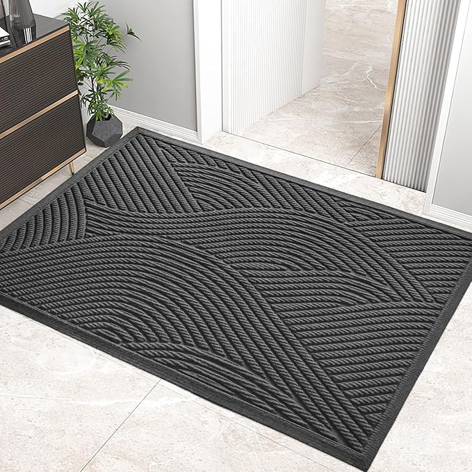Sturdy Front Door Mat, Absorbent Muddy Dirt Resist Welcome Door Mats Outdoor Indoor, Stain and Fade Resistant, Non-Slip Backing Entry Mat Low Profile Doormat for Entryway, 47×32, Grey