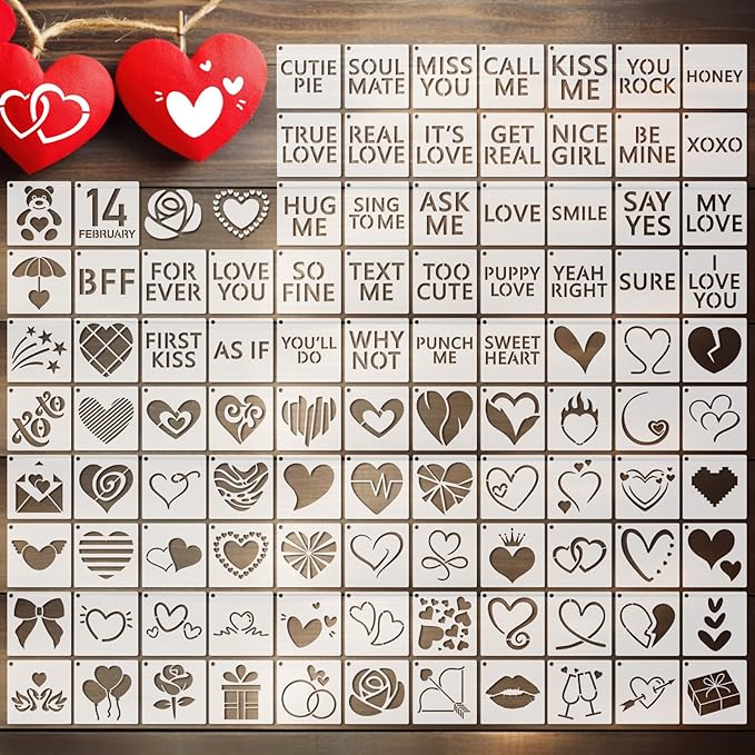 Fainne 100 Pcs Stencils for Painting on Wood Reusable Stencil Crafts Drawing Templates Holiday Wall Paper for DIY Scrapbook Home 2 x 2 Inch (Heart)