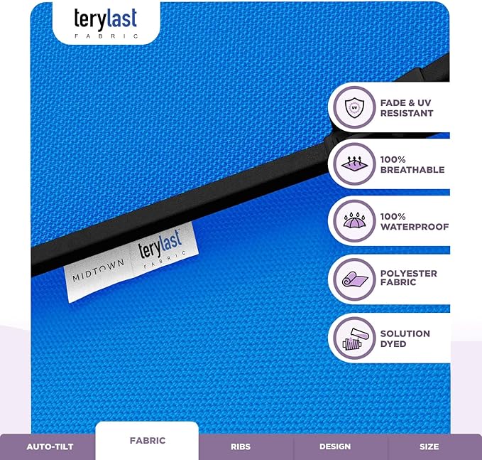 Midtown Umbrellas - 10-Year-No-Fade 9 Ft Patio Umbrella with Terylast Fabric, Auto-Tilt Aluminum Frame and 8 Reinforced Ribs for Deck, Pool, Garden & Beach - Cobalt Blue Canopy, Black Pole