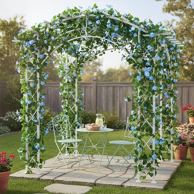 GTIDEA 4Pcs Fake Vines 30Feet Artificial Hanging Morning Glory Flower Garland Blue Faux Vines for Outdoors for Wall Fence Indoor Wedding Decor