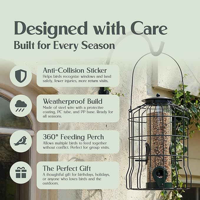 Hearts&Birds Squirrel Proof Bird Feeder Outdoors Hanging with Anti Collision Window Stickers for Birds - 360° Feeding Perch with Large Capacity for Wren Finches Chickadees Cardinal Wild Birds