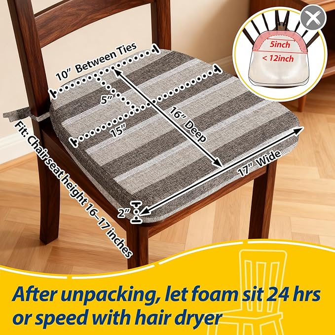AAAAAcessories D-Shaped Chair Cushions, 2" Thick Dining Chair Pads with Ties and Removable, Machine-Washable Cover, 17" x 16", Set of 2, Boldstripes Chocolate/Beige