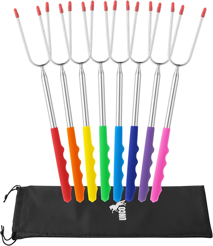 UNCO- Extra Long Marshmallow Roasting Sticks, 8 pcs, 45", Colorful Rubber Handles, Extendable Stainless Steel Marshmallow Roasting Sticks with Canvas Storage Bag, Skewers for Smores Skewers