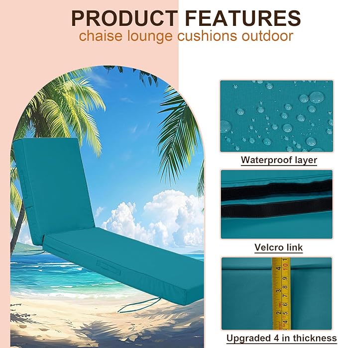 Outdoor Chaise Lounge Cushions, 4 Inch Thick Waterproof Fade Resistant Patio Furniture Lounger Chair Cushion Pad for Pool (1, Turquoise, 72'' L x 21'' W x 4" T)