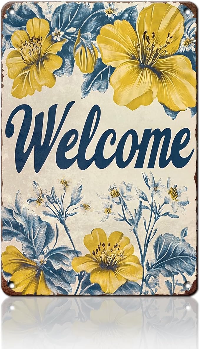 Flowers Vintage Tin Sig Welcome Metal Tin Sign Retro Sign for Home Bar Office Outdoor Wall Decor 8x12inch