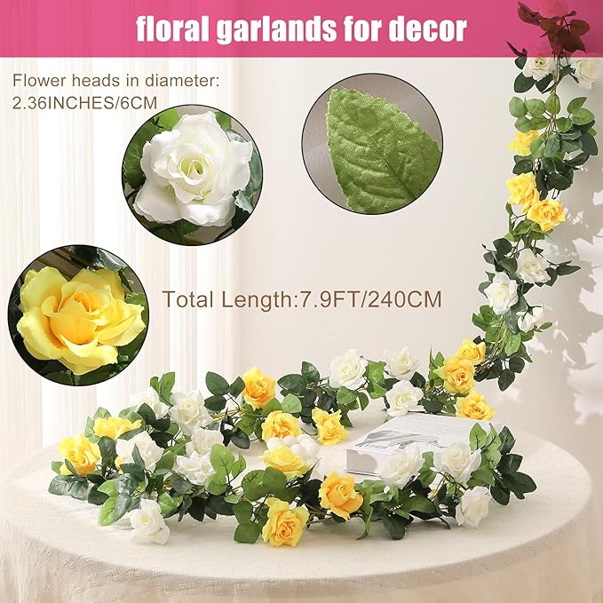 JUSTOYOU Artificial Rose Vines Yellow Flowers Garland Hanging Silk Rose Vine for Wedding Home Office Arch Arrangement Decoration 7.6FT(2PCS)