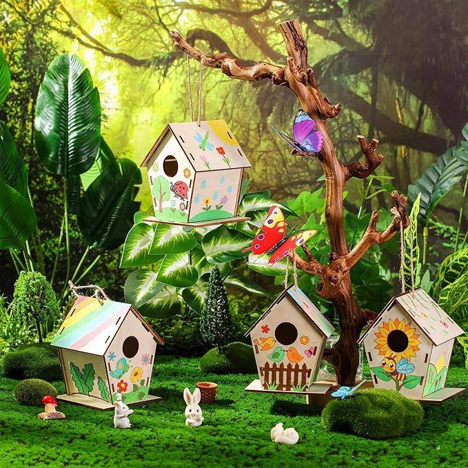36 Pack Wooden Bird House Bulk for Kids Birdhouse Kit Wood Houses for DIY Unfinished Hanging Birdhouse Kits Wooden Craft Houses to Paint VBS Craft Family Crafts