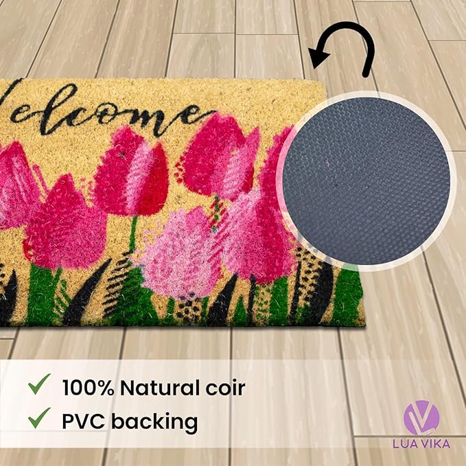 Coir Doormat, Front Door mats Outdoor, Funny Welcome mat Outdoor, Front Door mat for Home Entrance, Door mat Outside Entrance, Welcome mat Indoor 16"x27.5" (Tulips)