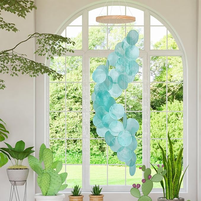 Seashell Wind Chimes for Outside - Handcrafted Turquoise Spiral Shape Capiz Shells Windchime Coastal Style Decor for Indoor/Outdoors, Garden & Beach Hanging Decor for Wind Chimes Lovers and More
