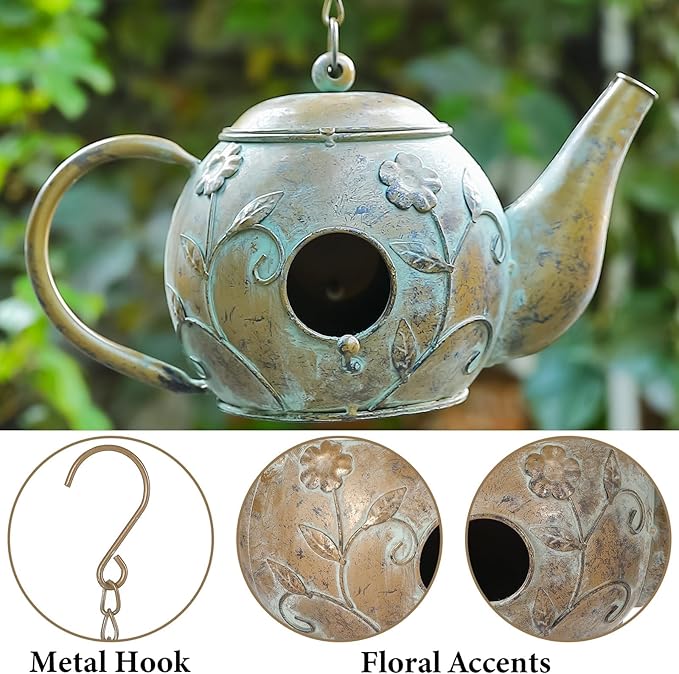Bird House, Teapot Hanging Bird House, Metal Bird Houses for Outside, Antique Cute Birdhouse, Unique Decorative Birdhouses for Outdoors Garden Patio Yard Lawn Backyard Decor